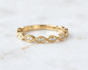 Marquise Diamond Wedding Ring: 14K Rose Gold Scalloped Eternity Band