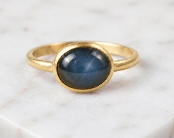14K Yellow Gold Oval Sapphire Cabochon Bezel Ring