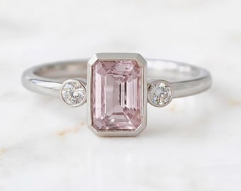 Handmade Emerald Cut Pink Sapphire Diamond 14K White Gold Engagement Ring