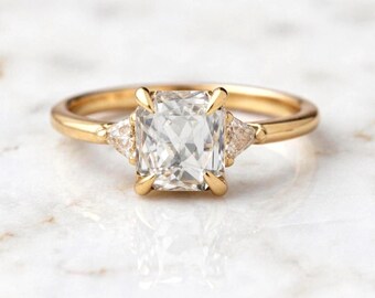 GIA Certified Radiant White Sapphire Ring: 18K Gold Trillion Diamond Engagement