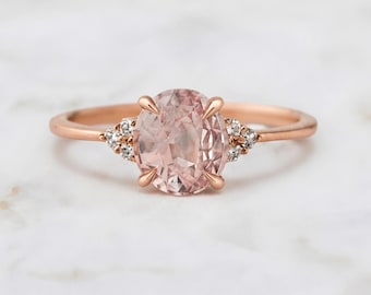 14K Rose Gold GIA Certified Oval Natural Peach-Pink Sapphire Cluster Diamond Ring