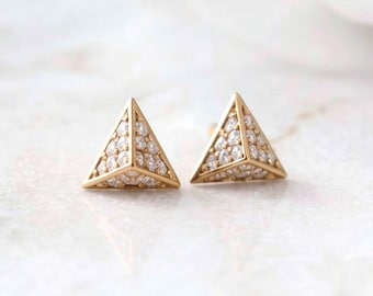 Diamond Pyramid Stud Earrings: 14K Yellow Gold Geometric Jewelry