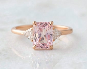GIA 2.54 Carat Peach-Pink Sapphire Ring: 14K Rose Gold, Trillion Diamonds