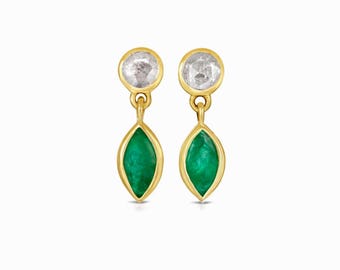 18K Yellow Gold Bezel Emerald and Rose Cut Diamond Dangle Stud Earrings