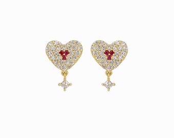 Desirée Ruby and Diamond Pavé Set Heart Earrings in 18K Yellow Gold