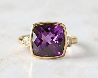 Cushion Amethyst and Diamond Ring: 14K Yellow Gold Cocktail Ring