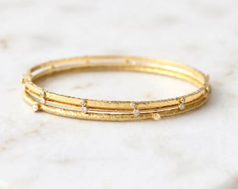 18K Solid Gold Diamond Bangle Bracelet Set: Hammered Stacking Bangles