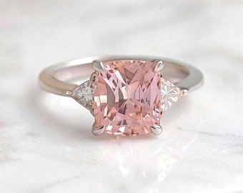 14K White Gold Cushion Cut Pink Sapphire Ring with Trillion Diamonds: GIA Certified