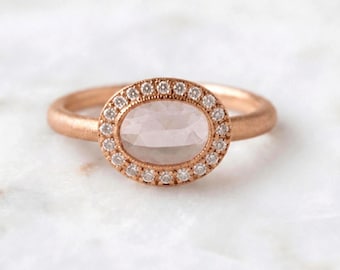 Oval Champagne Pink Sapphire Halo Ring: 14K Rose Gold Milgrain Bezel