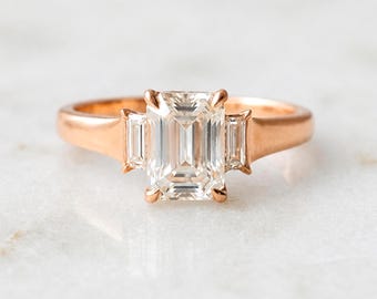 14K Rose Gold Emerald Cut White Sapphire Ring with Baguette Diamonds - GIA Certified