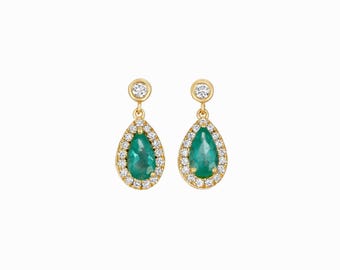 14K Yellow Gold Pear Shaped Emerald Diamond Halo Dangle Stud Earrings