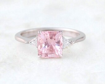 14K White Gold Cushion Cut Pink Sapphire Ring with Trillion Diamonds: GIA Certified
