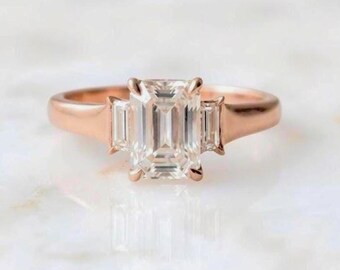 14K Rose Gold Emerald Cut White Sapphire Ring with Baguette Diamonds - GIA Certified