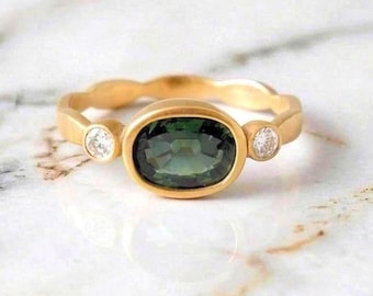 Oval Green Sapphire Diamond Ring: 14K Yellow Gold Bezel Engagement Ring