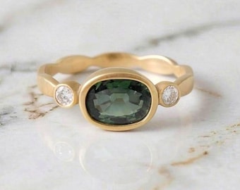Oval Green Sapphire Diamond Ring: 14K Yellow Gold Bezel Engagement Ring