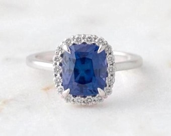 14K White Gold GIA Certified Natural Cushion Cut Ceylon Sapphire Diamond Halo Ring