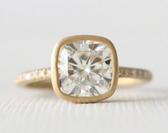 Cushion Forever Brilliant Moissanite Bezel Diamond Ring, Moissanite Engagement Ring, Diamond Alternative Ring in 14K Yellow Gold