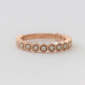 Milgrained Hexagon Bezel Diamond Full Eternity Wedding Band, Diamond Eternity Stacking Ring, Modern Geometric Wedding Band in 14K Rose Gold