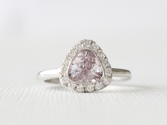 Trillion Cut Lavender Peach Sapphire Diamond Halo Ring in 14K