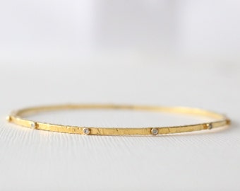 Solid Gold Champagne Diamond  Hammered Bangle Bracelet in 18K Design by Studio 1040