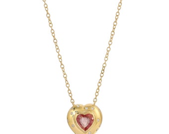 Ali Pink Red Sapphire and Diamond Puffy Heart Necklace in 18K Yellow Gold