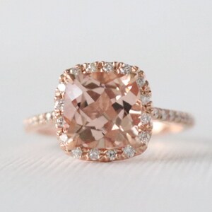 Cushion Morganite Diamond Halo Engagement, Handmade Pink Gemstone Wedding Ring in 14K Rose Gold by Studio 1040