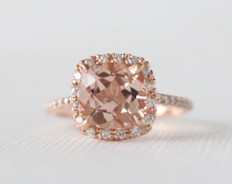 Cushion Morganite Diamond Halo Engagement, Handmade Pink Gemstone Wedding Ring in 14K Rose Gold by Studio 1040