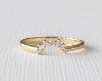 Tiara Style Curved Diamond Ring, Diamond Stacking Wedding Band in 14K Yellow Gold