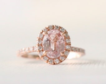 Oval Peach Pink Sapphire Diamond Halo Half Eternity Engagement Ring, Handmade Peachy Pink Gemstone Wedding Ring in 14K Rose Gold