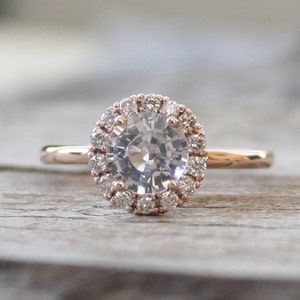 White Sapphire Diamond Engagement Ring in 14K Rose Gold Halo Setting