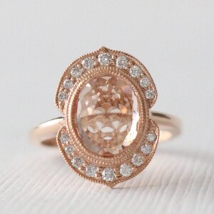 Oval Morganite Pave Milgrain Bezel Diamond Halo Engagement Ring, Pink Gemstone Wedding Ring in 14K Rose Gold