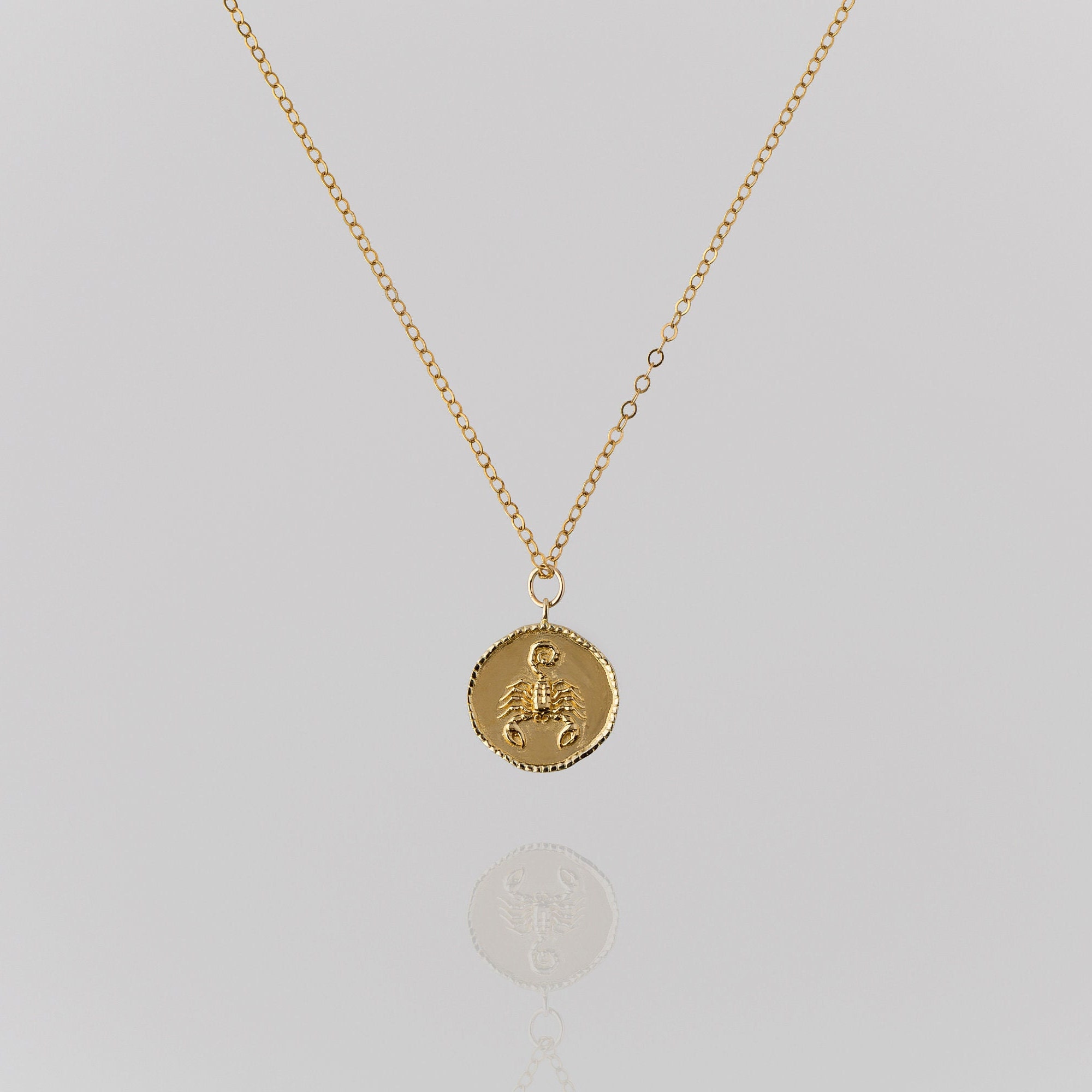 14K Gold Necklace Scorpio Zodiac Necklace Pendant, Celestial Medallion Necklace, Scorpio Handmade Gold Necklace, Birthday Gift