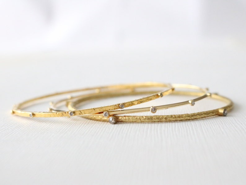 SET 3 Solid Gold Diamond Stacking Bangle Bracelets in 18K Solid Gold image 6