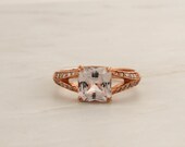 Asscher Cut Light Peach Sapphire Diamond Split Shank Solitaire Milgrained Ring in 14K Rose Gold