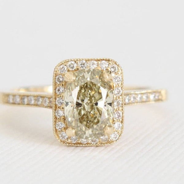 Oval Cut Yellow Champagne Diamond Halo Half Eternity Engagement Ring, Art Deco Inspired Diamond Wedding Ring in 14K Yellow Gold