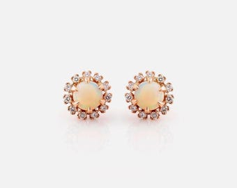 14K Rose Gold Round Opal Diamond Halo Studs