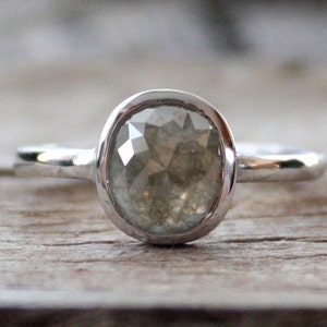 Translucent Gray Cushion Rose Cut Diamond Beaded Ring in 14K White Gold