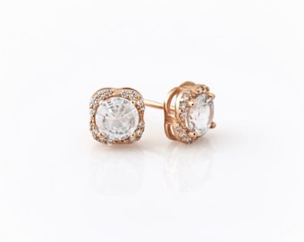 White Sapphire Diamond Halo Stud Earrings in 14K Rose Gold