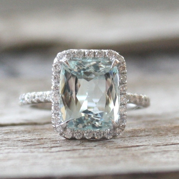 3.13 Radiant Aquamarine Halo Ring in 14K White Gold - March Birthstone