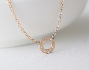 Circle Diamond Necklace, Everyday Diamond Layering Necklace, Dainty Minimalist Necklace in 14K Yellow Gold