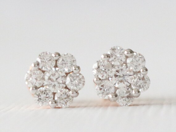 Diamond Flower Stud Earrings: 0.70 ct, 18K Rose Gold Bridal Floral Studs