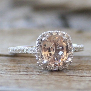 ON HOLD - Oval Cushion Champagne Peach Sapphire Diamond Halo Ring in 14K White Gold