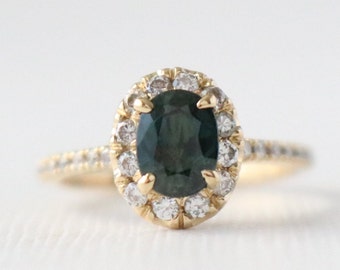 Oval Blue Green Sapphire Diamond Halo Half Eternity Engagement Ring, Blue Gemstone Wedding Ring in 14K Yellow Gold