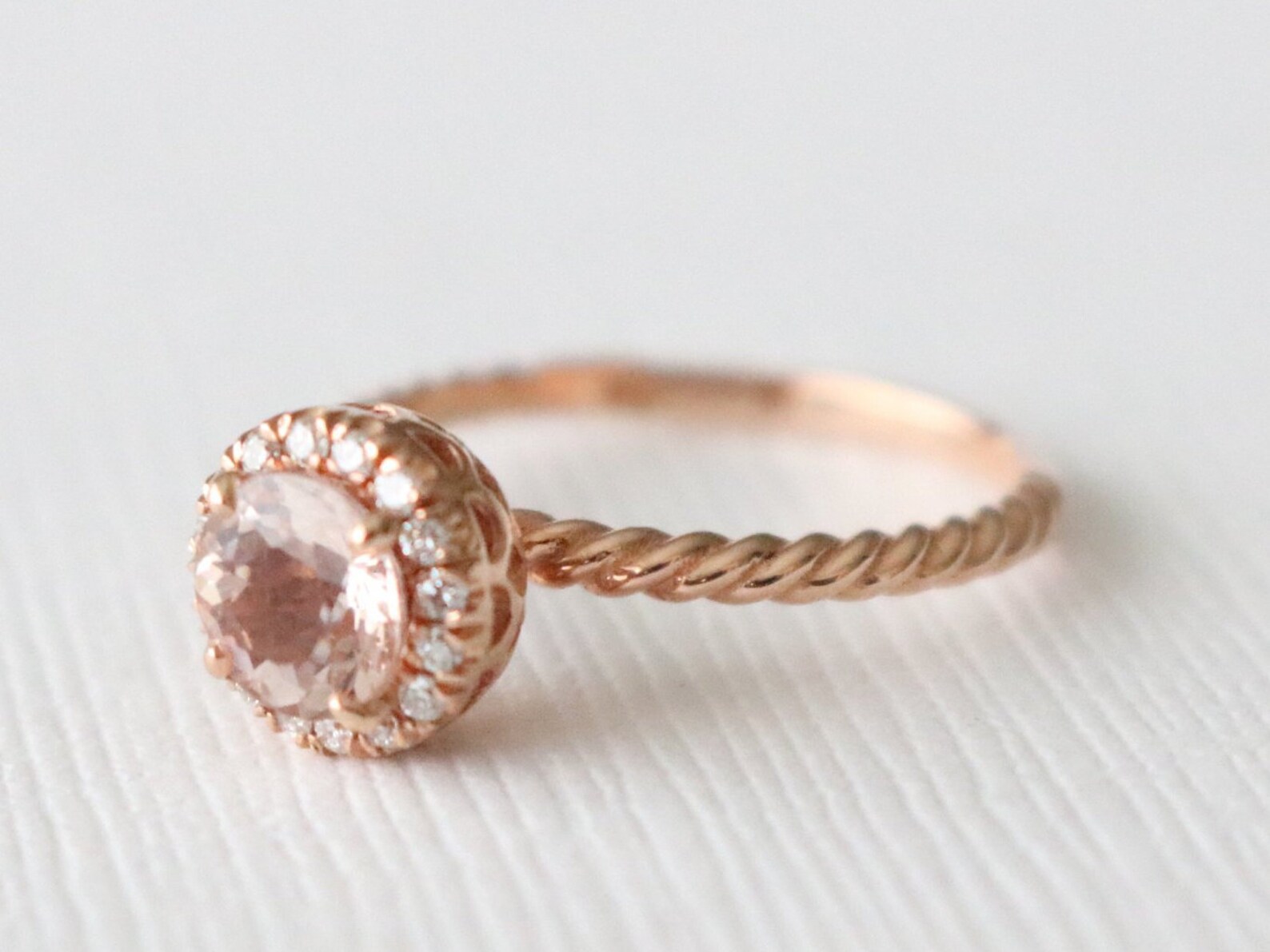 Round Diamond Halo Twist Petal Engagement Ring Pink Etsy