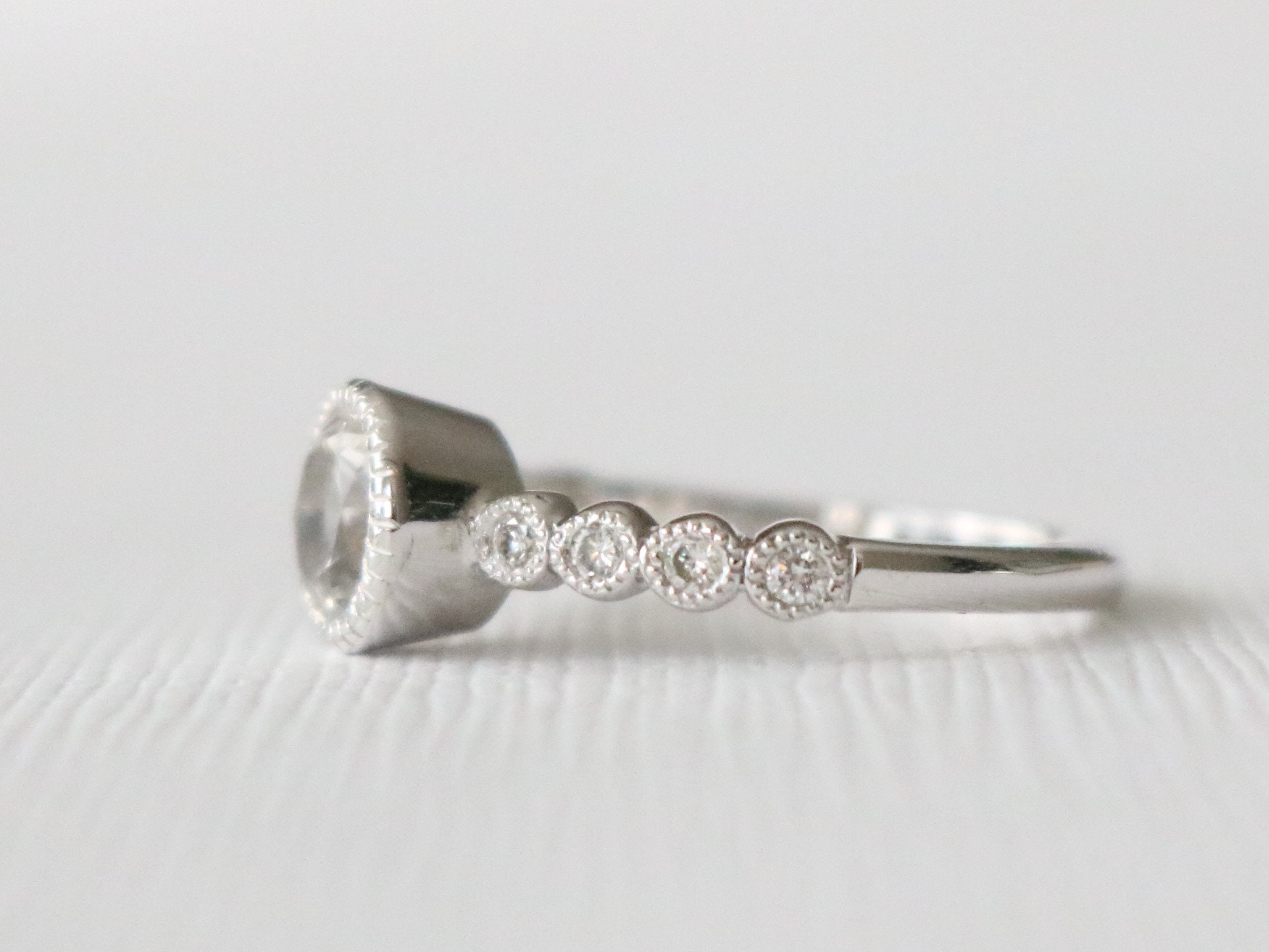 Round White Sapphire Milgrain Bezel Diamond Engagement Ring | Etsy