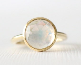 Rose Cut Round Moonstone Bezel Ring, Gemstone Ring, Birthstone Ring, Moonstone Jewelry in Handmade 14K Yellow Gold, Rose Gold, White Gold