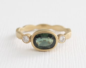 3 Stone Oval Green Sapphire Diamond Bezel Ring, Green Gemstone Ring, Handmade Modern Engagement Ring in 14K Yellow Gold