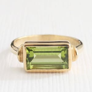 Rectangular Peridot Stack Bezel Ring, August Birthstone Ring, Green Gemstone Statement Ring in 14K Yellow Gold