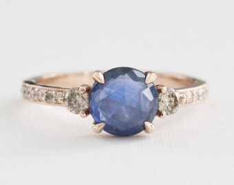 Handmade Rose Cut Sapphire and Champagne Diamond Ring - 14K Rose Gold