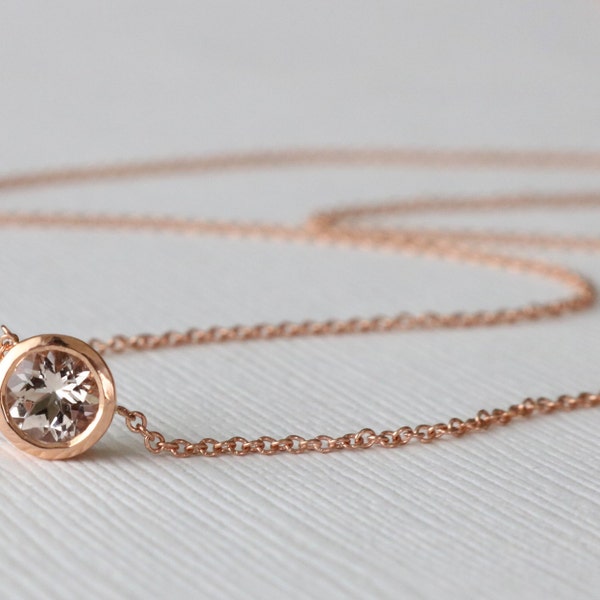 Round Morganite Bezel Solitaire Necklace, Everyday Layering Necklace, Morganite Jewelry in 14K Rose Gold